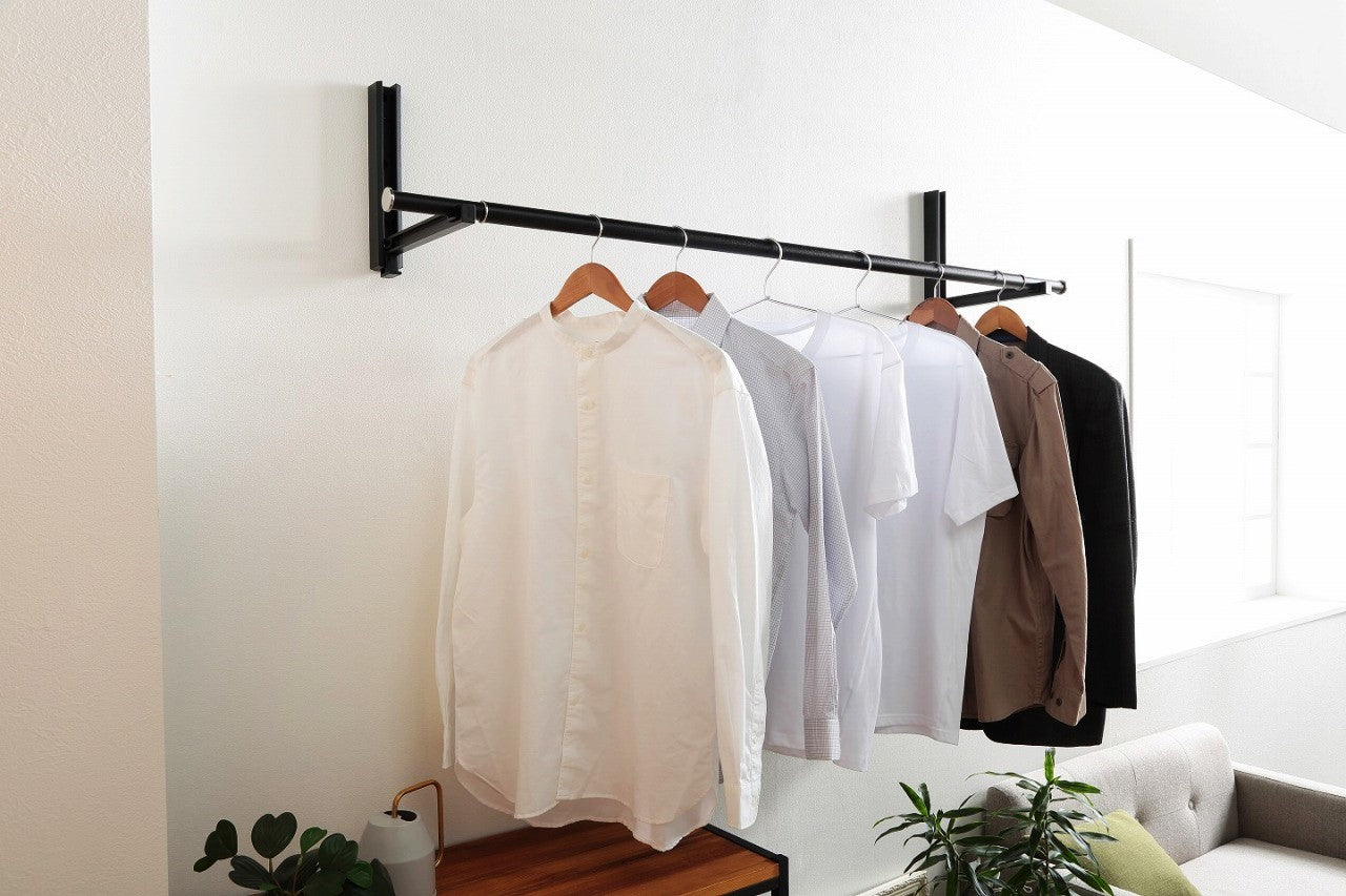 壁付け 室内物干し 伸縮ポール付きセット ピン取り付け 賃貸OK 耐荷重10kg 折りたたみ 物干し竿 コンパクト 上着掛け 壁掛けハンガー