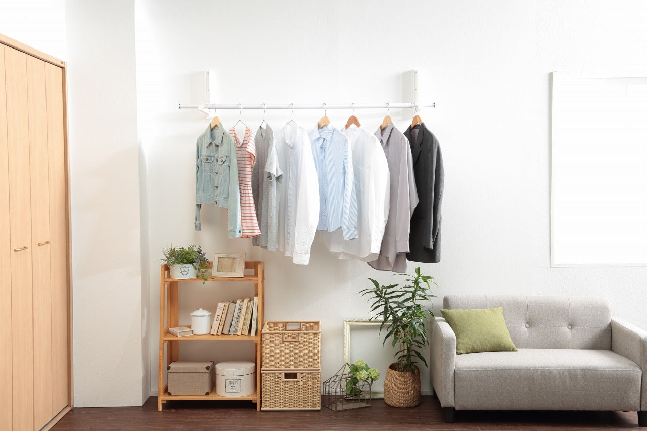 壁付け 室内物干し 伸縮ポール付きセット ピン取り付け 賃貸OK 耐荷重10kg 折りたたみ 物干し竿 コンパクト 上着掛け 壁掛けハンガー